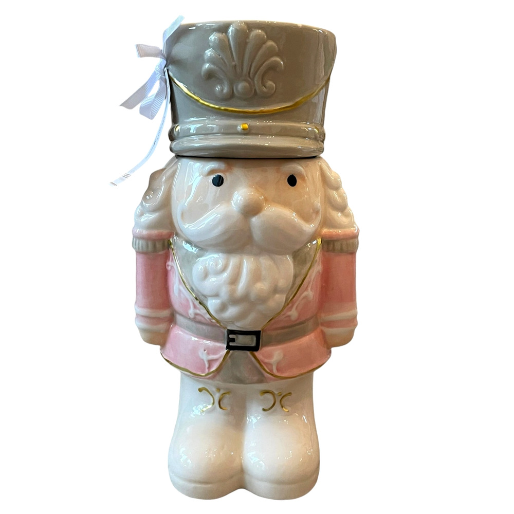 Christmas Pink Nutcracker Soldier Ceramic Cookie Jar Canister 10.5in Holiday New